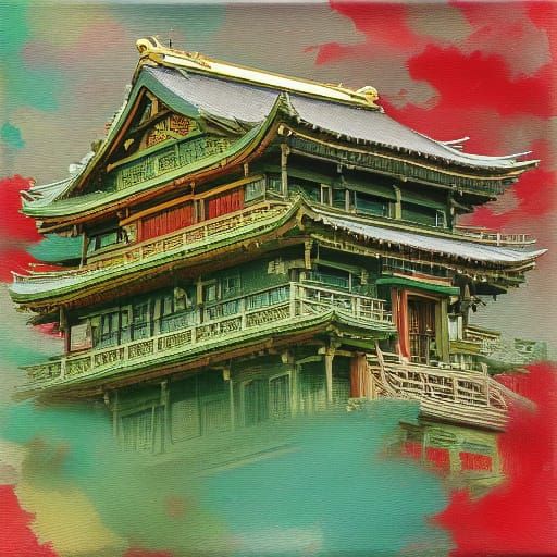 Geisha in Temple: Mythical Impasto Painting with Sakura Gard...