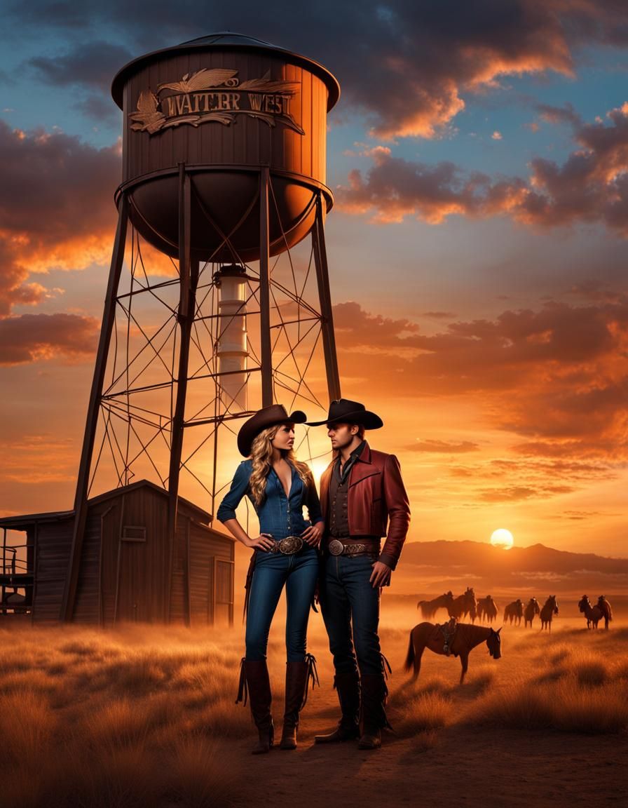 Hyperrealistic portrait of a young cowboy and a beautiful co...