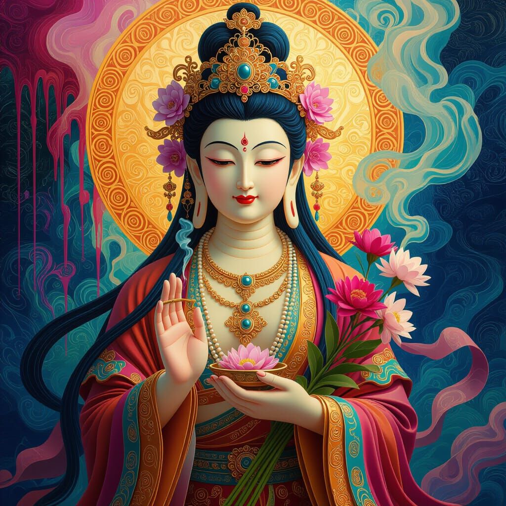 Ksitigarbha Bodhisattva Portrait in Surreal Melting Oil Styl...