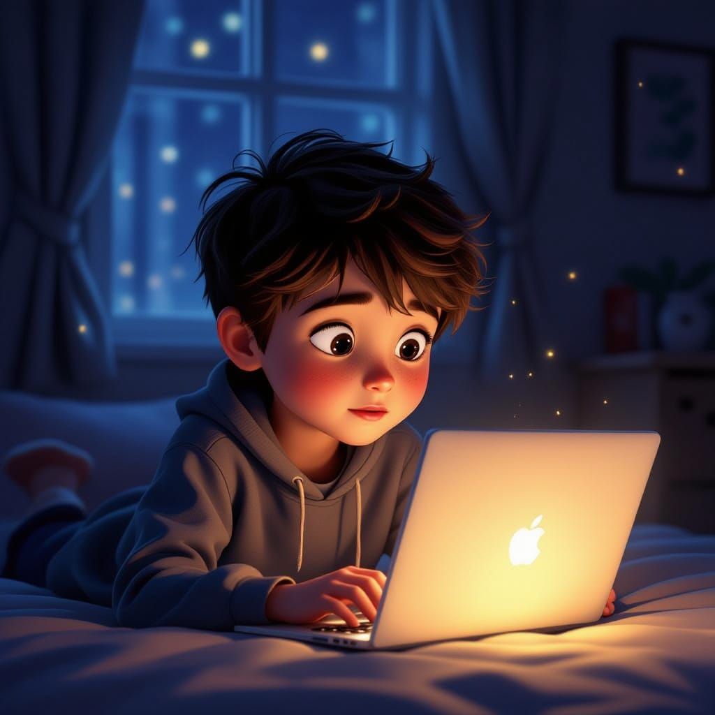 Boy Immersed in Laptop Movie, Pixar Style