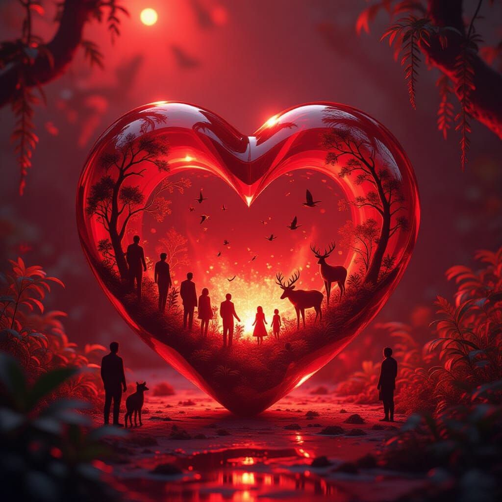 Heart Crystal World Fusion of Life in Red Glow