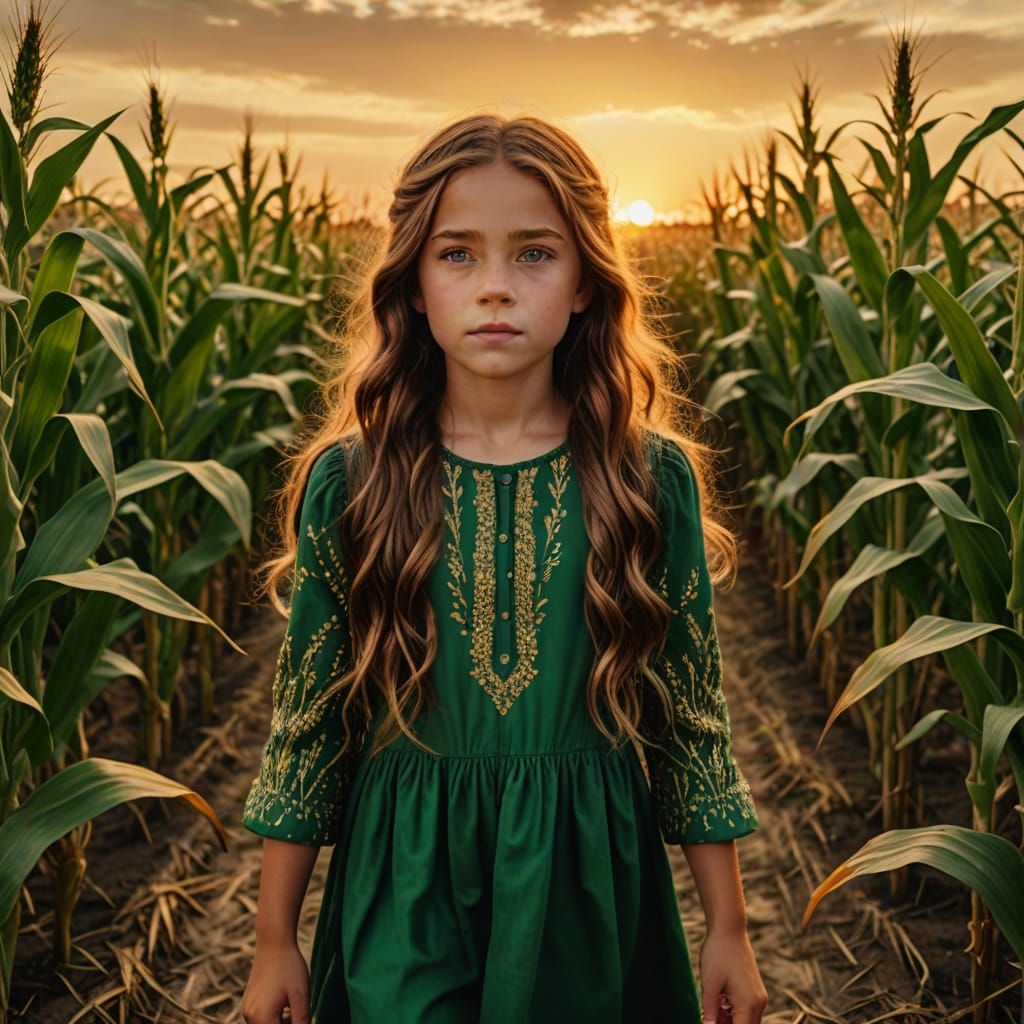 Girl Walks Through Cornfield at Sunset