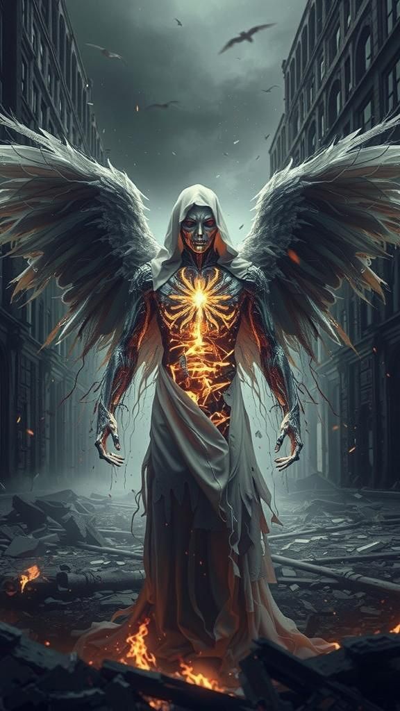 an angel his body made of see-through glass fire shows insid...