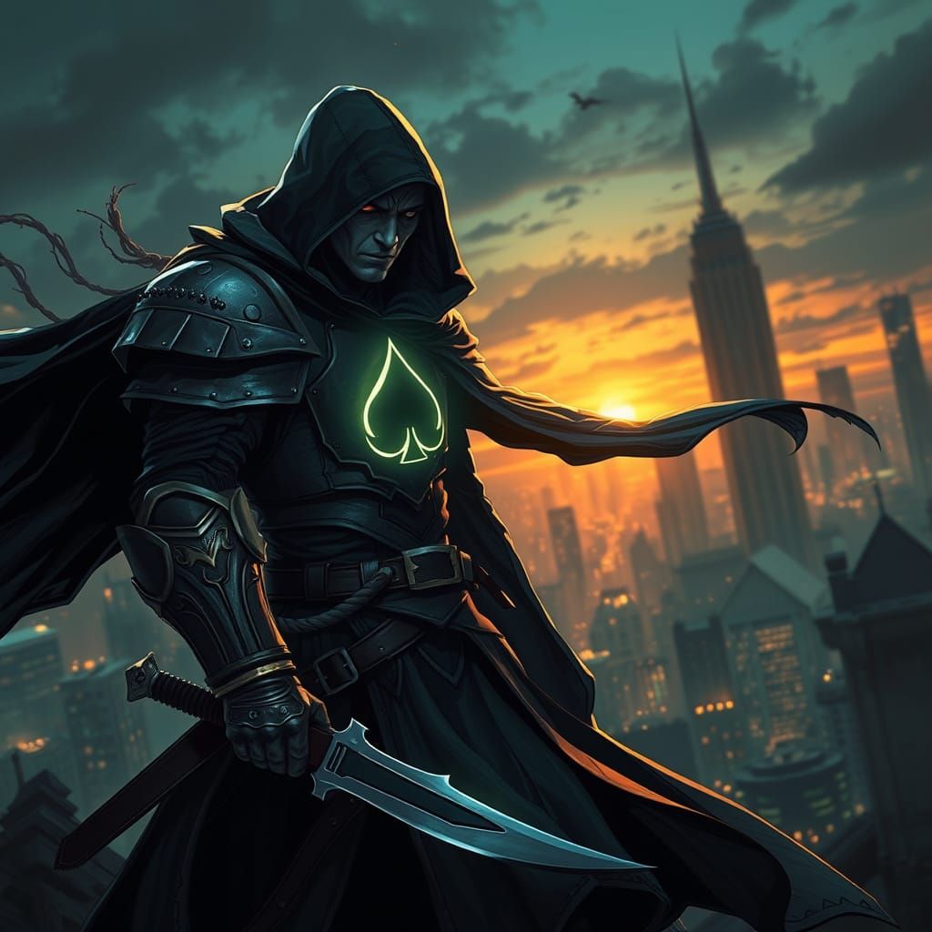 dynamic cinematic illustration of the Jack of Spades, heroic rogue with a black spade symbol glowing on armor, windswept cloak, holding curv...