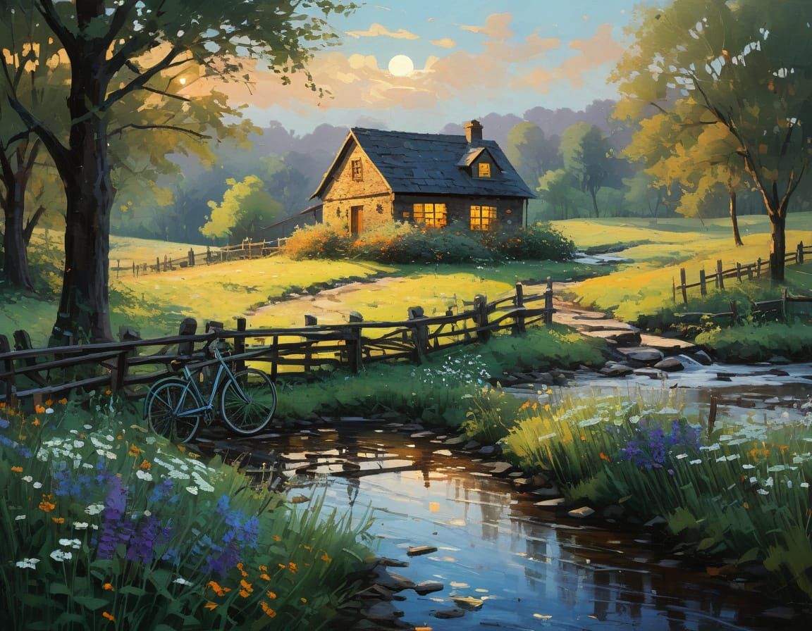 Scene in Mixed Palette Knife and Impasto Techniques In the soft glow of a sunset, with stars and the moon in the sky, a small  wooden cottag...