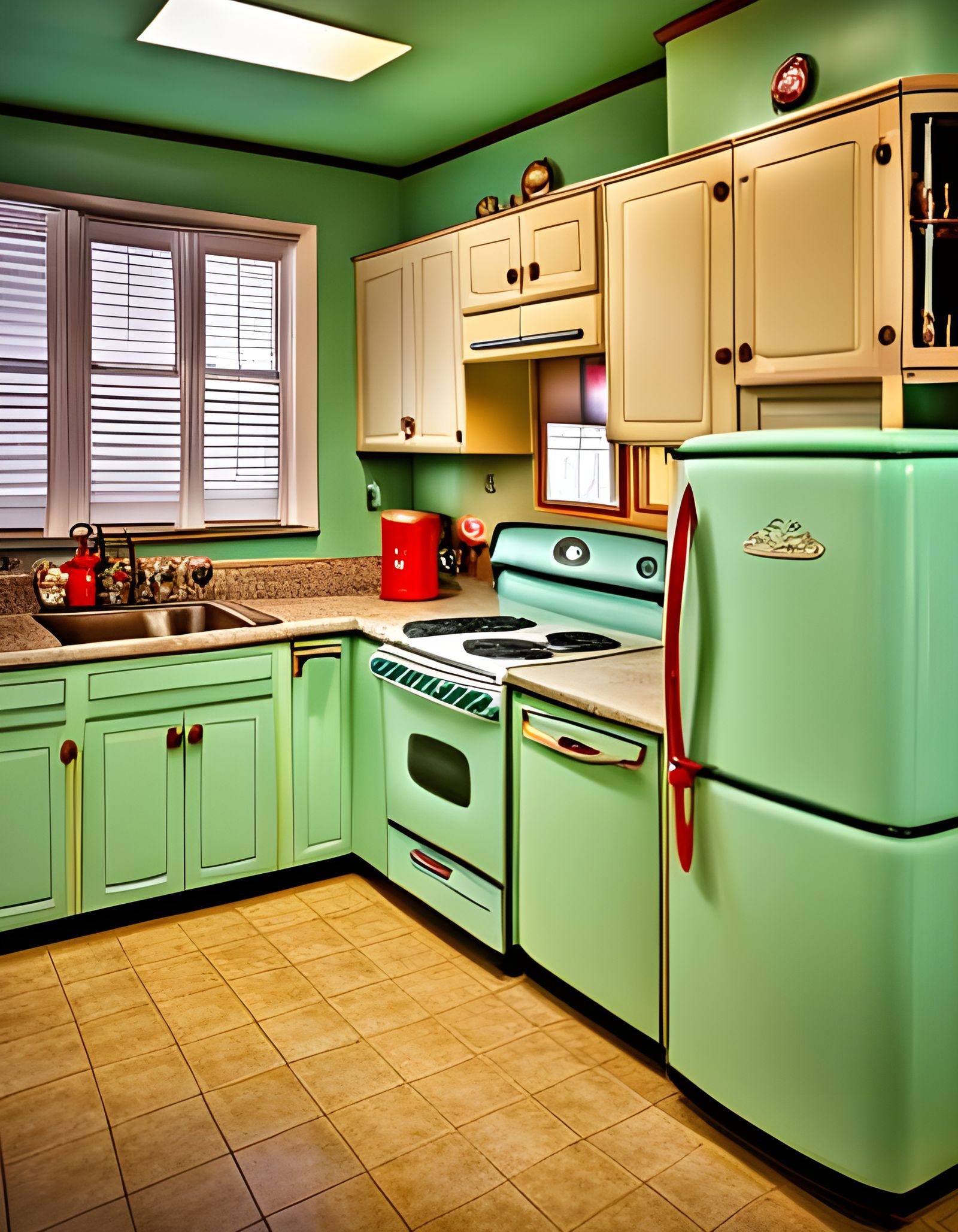 1950's turquoise kitchen displaying cabinets and countertops and old  fashioned flower painted plates with a row of retro appliances and an old  fashioned refrigerator - AI Generated Artwork - NightCafe Creator