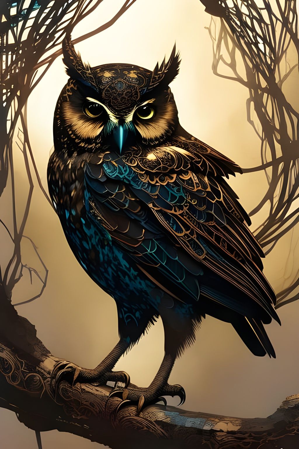Intricate Black Owl Portrait with Bronze Outlines