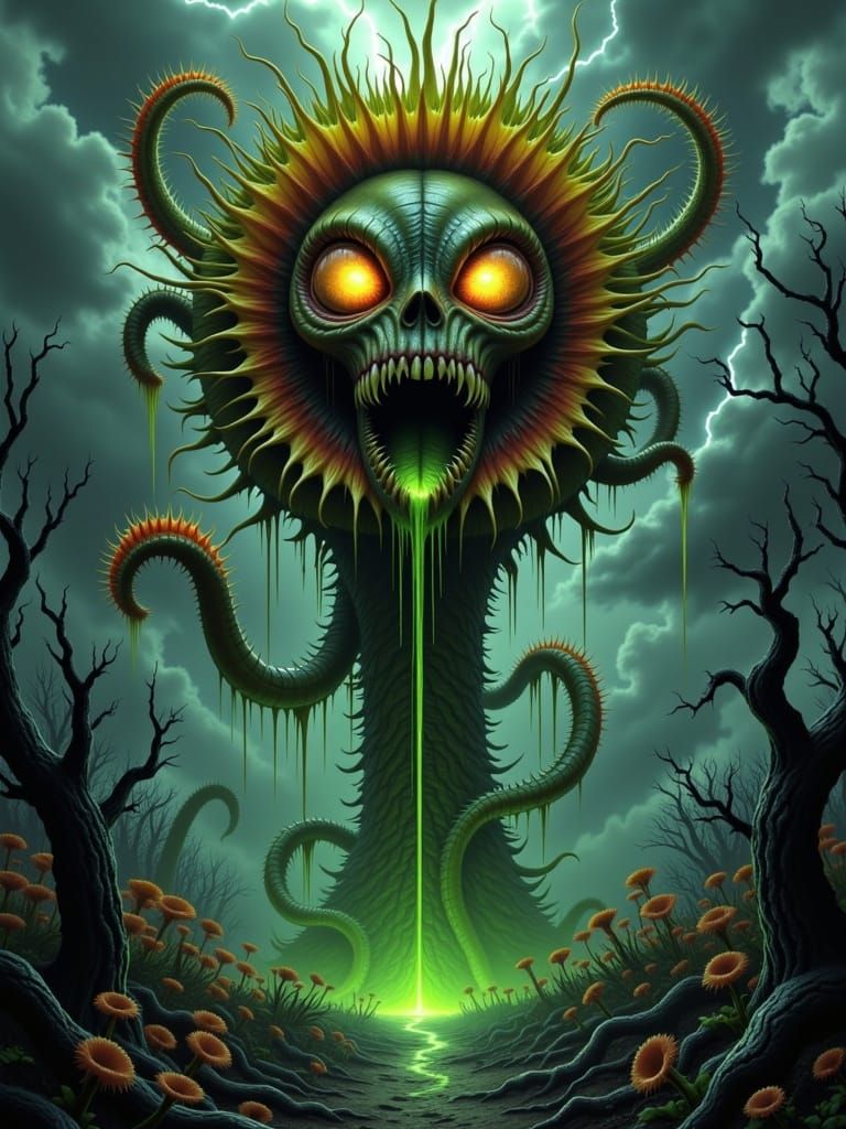 The Tormented Screaming Sunflower -- <lora:mOOnStErZ-N-PlAnTzzz:1.0> -- Visualize a massive, monstrous sunflower standing alone in a desolat...