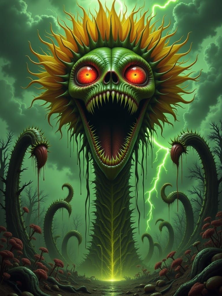 The Tormented Screaming Sunflower -- <lora:mOOnStErZ-N-PlAnTzzz:1.0> -- Visualize a massive, monstrous sunflower standing alone in a desolat...