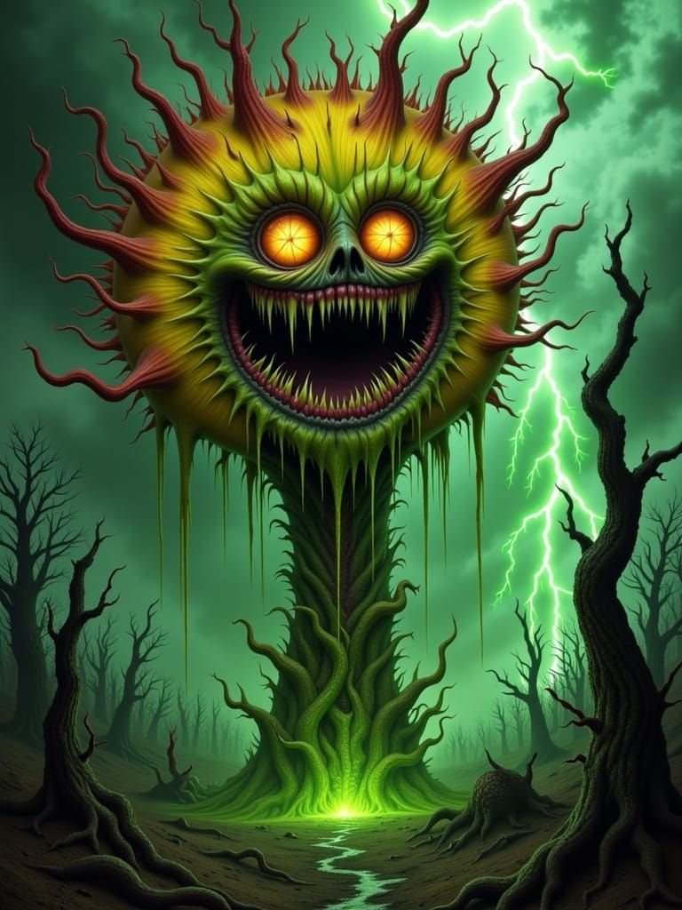 The Tormented Screaming Sunflower -- <lora:mOOnStErZ-N-PlAnTzzz:1.0> -- Visualize a massive, monstrous sunflower standing alone in a desolat...