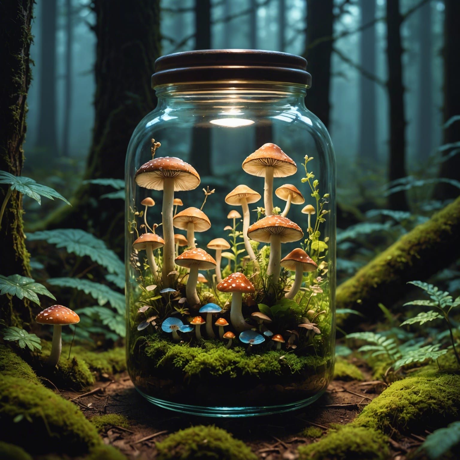 there is a jar with a small amount of mushrooms inside of it, dreamscape in a jar, glowing jar, inside ...  by @MiniStar