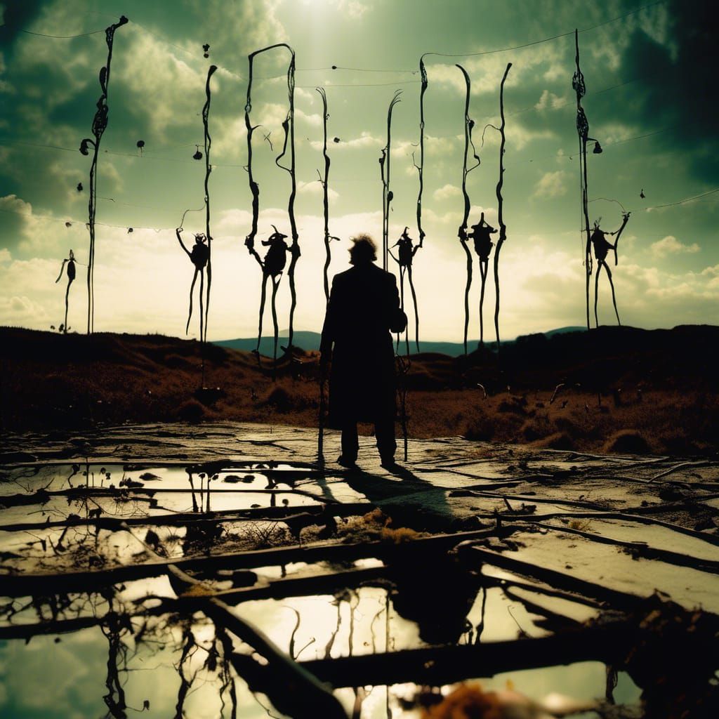 Surreal Landscape with Shepherds, Lions, and Rainbows