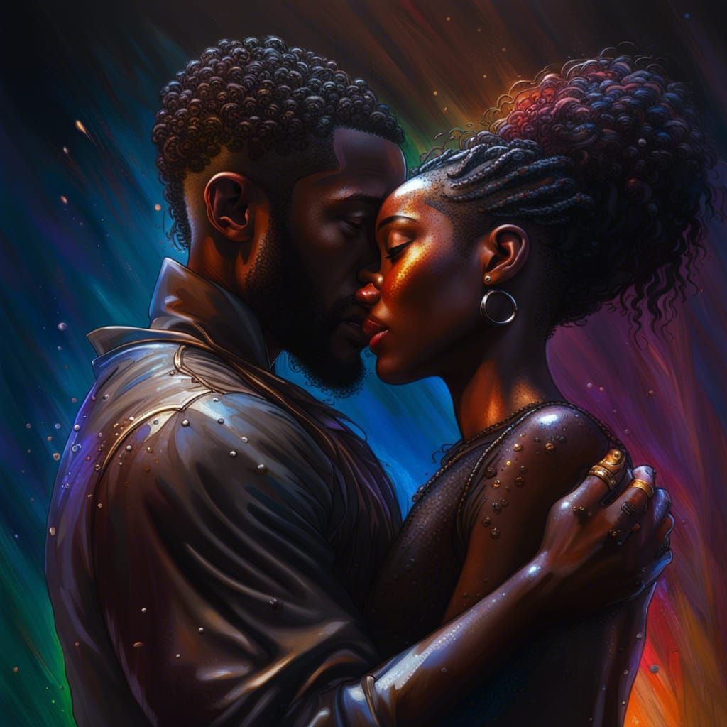 "Black man and black woman hugging each other Hyper realistic, splash art, concept art, mid shot, intricately ...  by @Jasey Jones