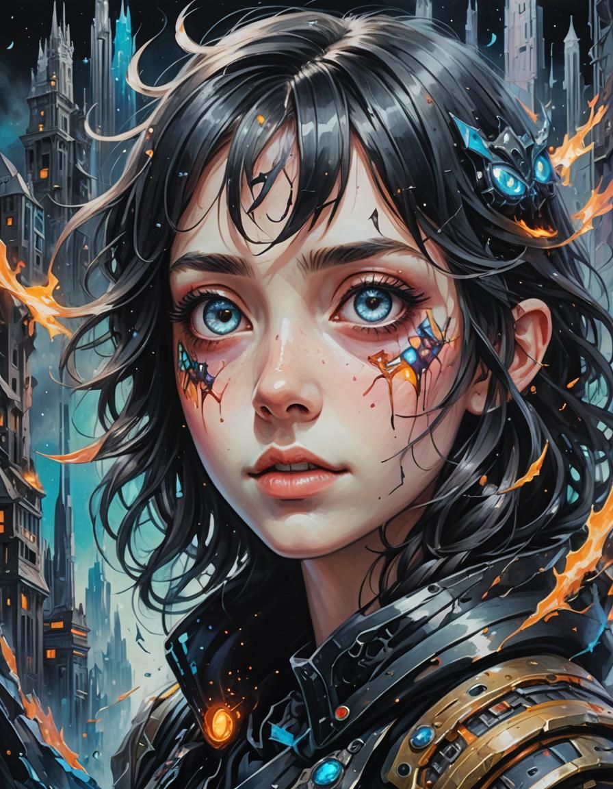 lo fi colors, colored pencil art, black anime pupils in her ...
