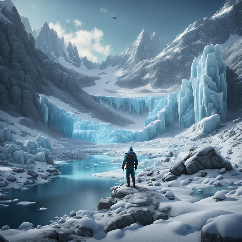 Iceman wakes from hibernation in  glacier, hyperrealistic