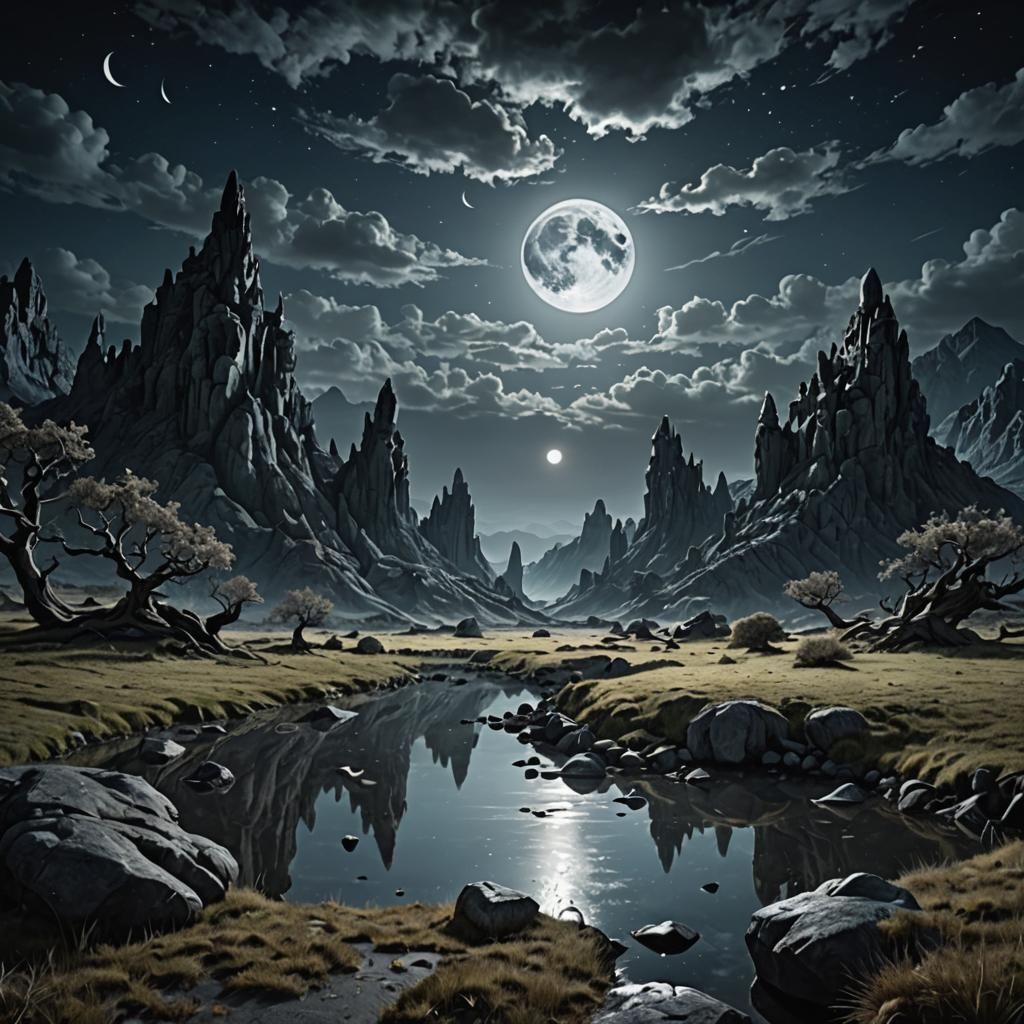 Moonlit Fantastical landscape, Sharp focus  by @Artificial Artistry
