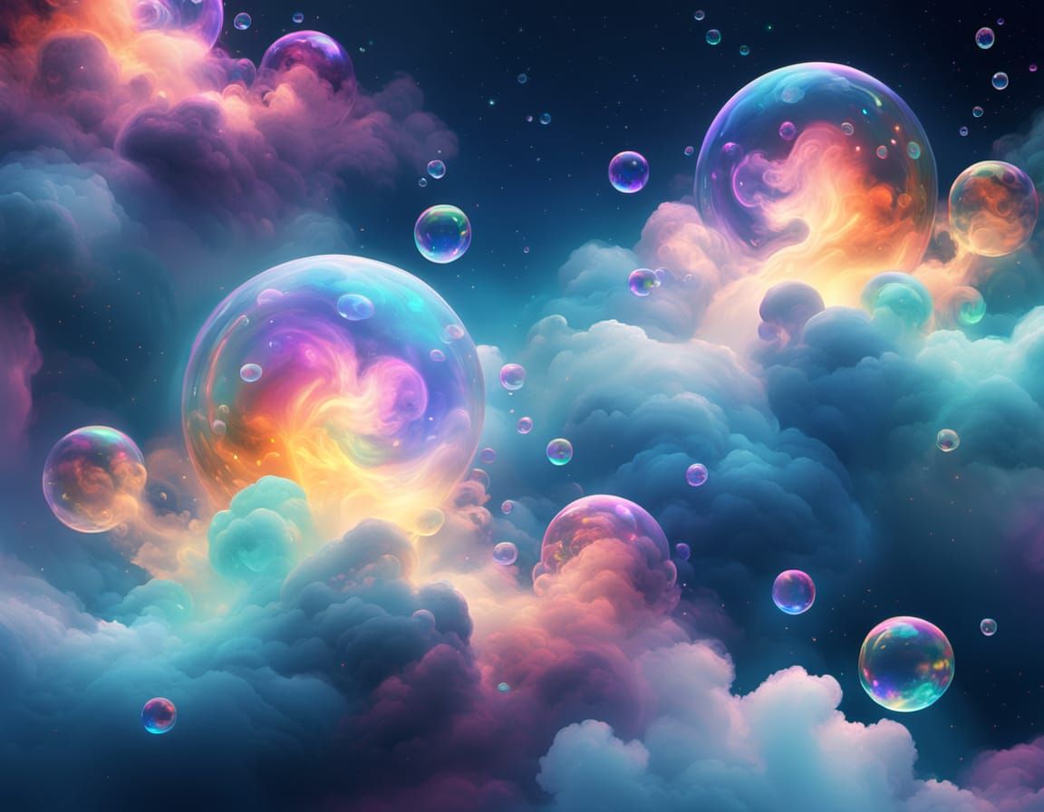 Astral Expressionist Shimmers Iridescent Bubbles  forming Ghostly Apparitions in Clouds