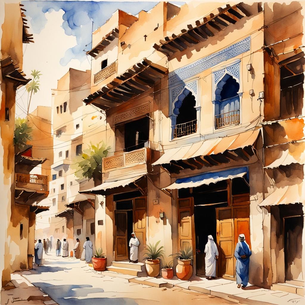 Beautiful watercolor of
An arabic house on a busy urban stre...