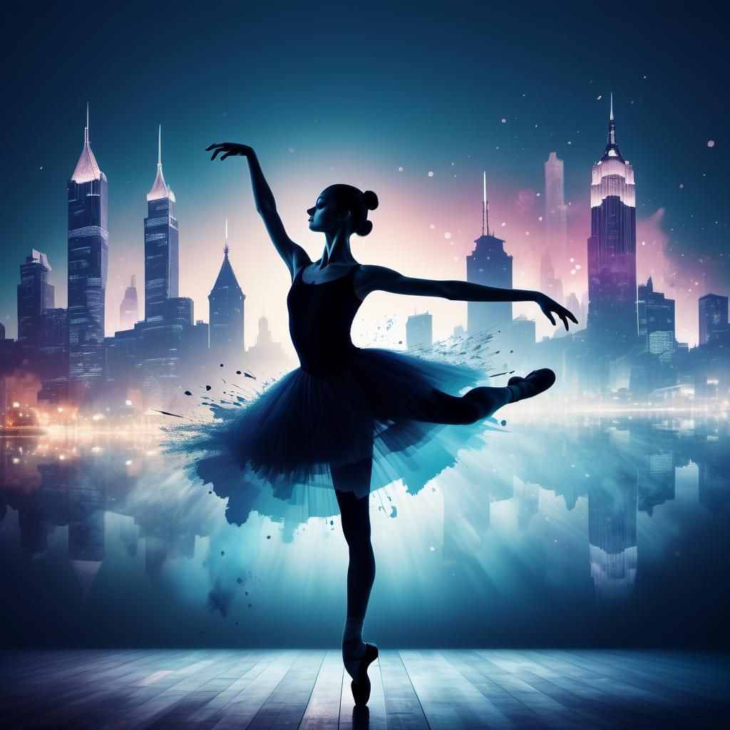 (((double exposure ballerina silhouette and cityscape))), on stage, nighttime, crime, fantasy, splash ...  by @gelabean