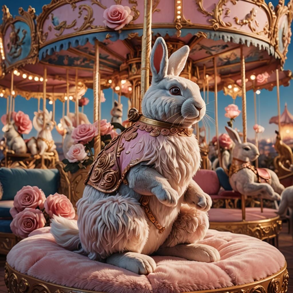 Plush Rabbit on Rose Carousel: Fantasy Concept Art