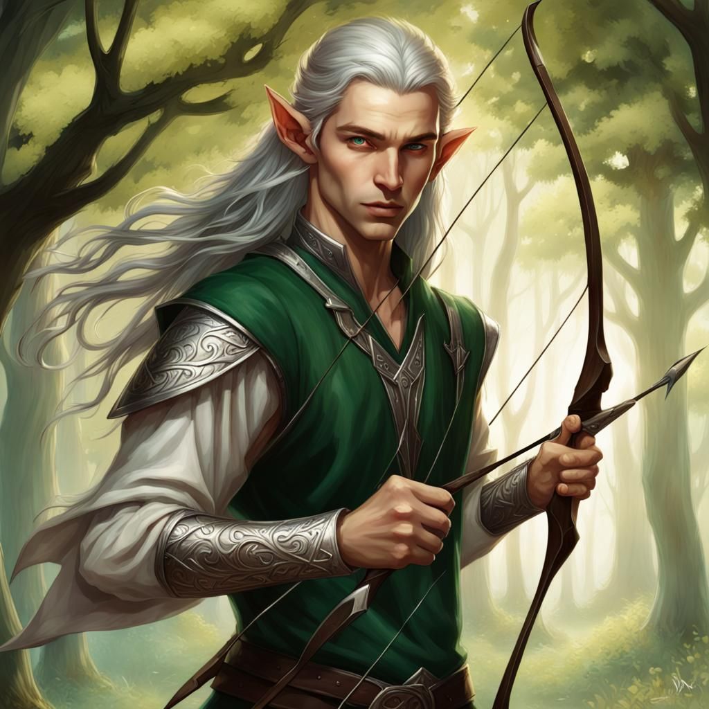 Amidst the mystical forest of Eldertree, envision a character: an elf ...