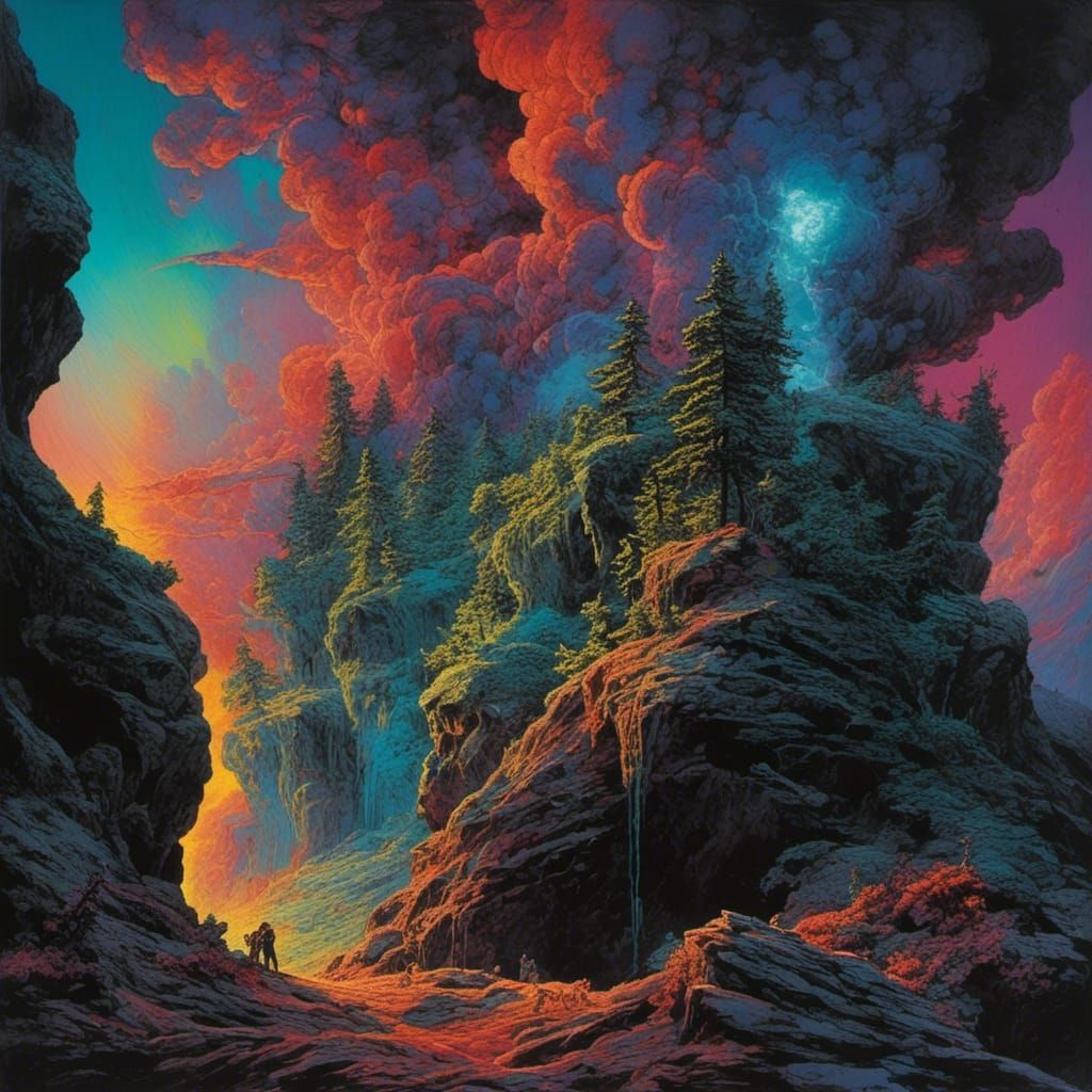 Colorful Valley with Aurora Lights in Florescent Art Style