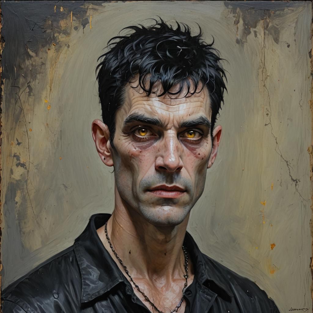 Vampire, 48 year old male, black pixie hair, freckles, Cauca...