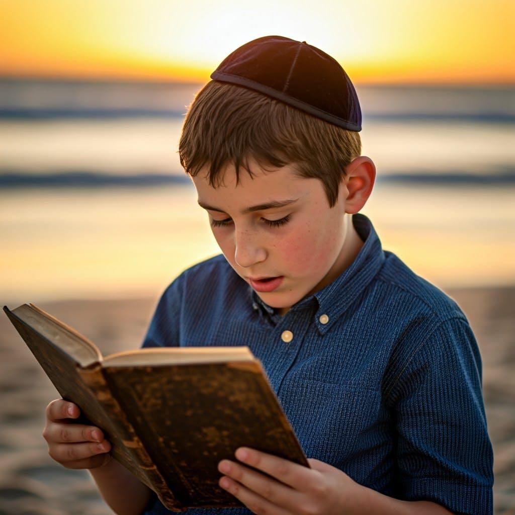 Chassidic Boy Reads on Beach at Sunset