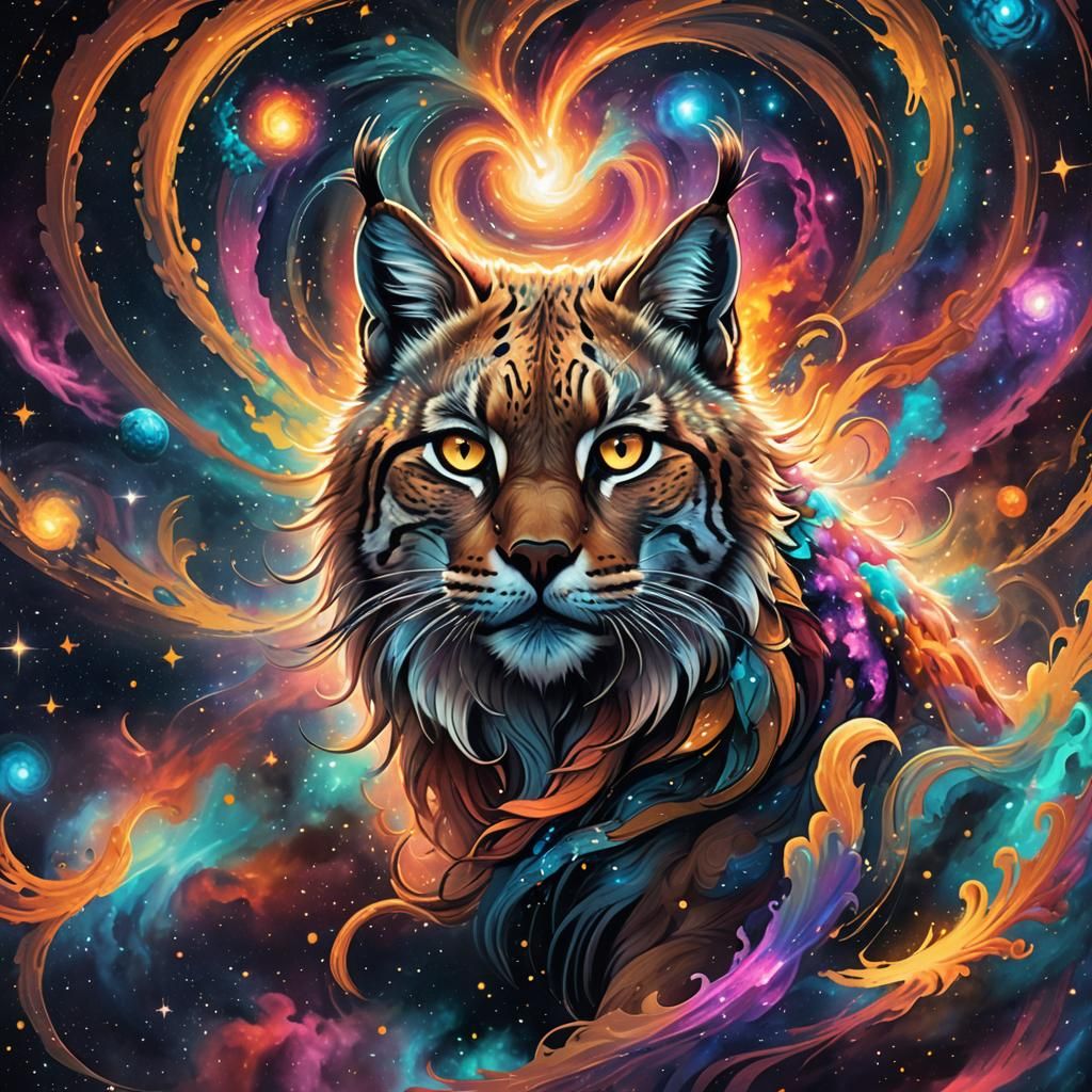 Cosmic Lynx in Stellar Vortex: Fantasy Concept Art