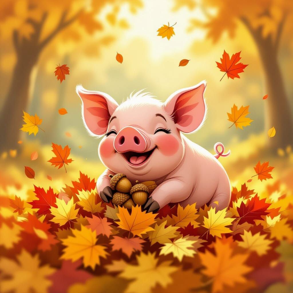 Create me a funny, genuine pig rolling around in the fall season with nuts in its hands, with  leaves falling from trees