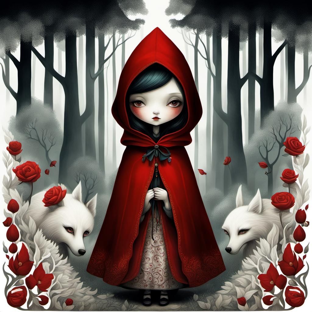 surreal illustration of a girl wearing a red hooded cloak in a forest, benjamin lacombe, portrait of ...  by @DJDiztorted