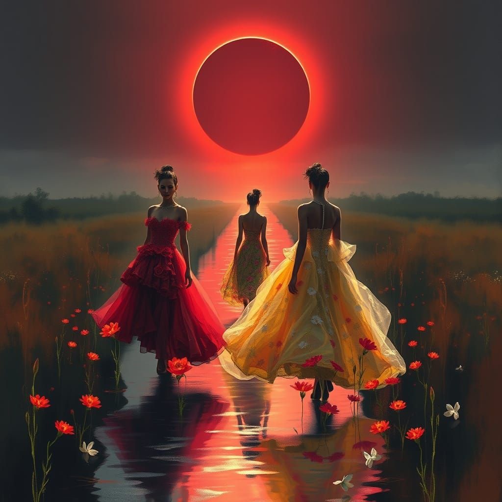 a surreal, double exposure fashion show set in a marshy river during a dark eclipse, with models wearing ...  by @Butsarik
