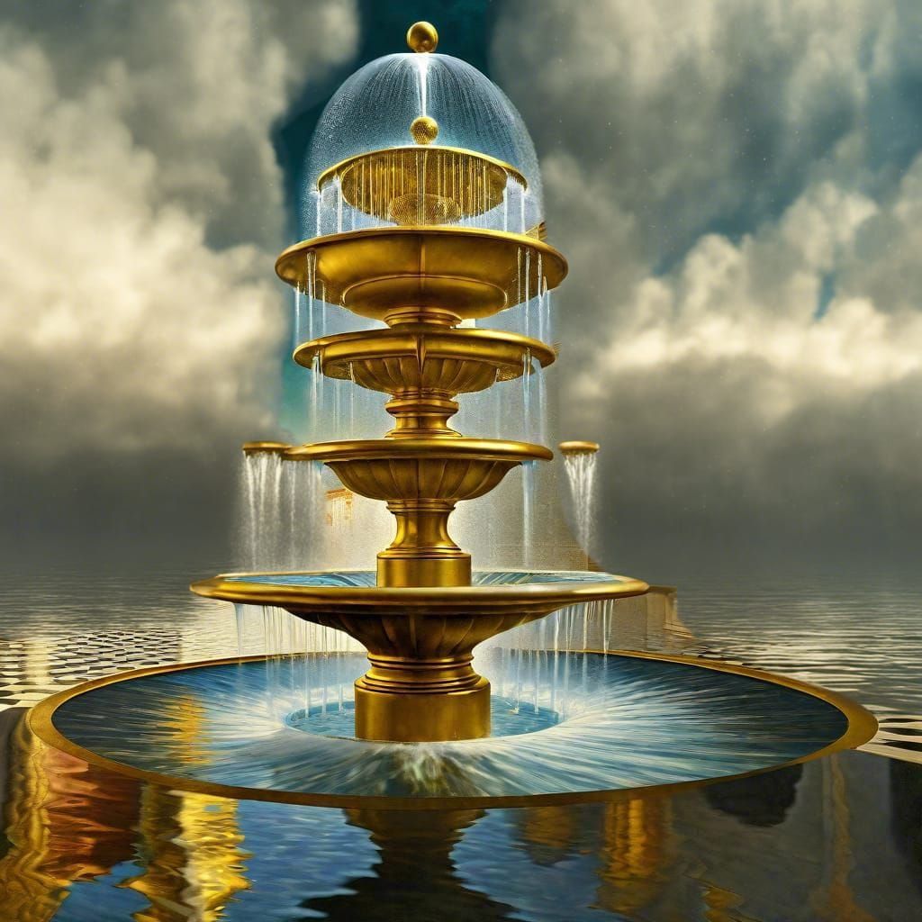 M.C. Escher stylized jetting water in geometric shapes, antigravity impossible