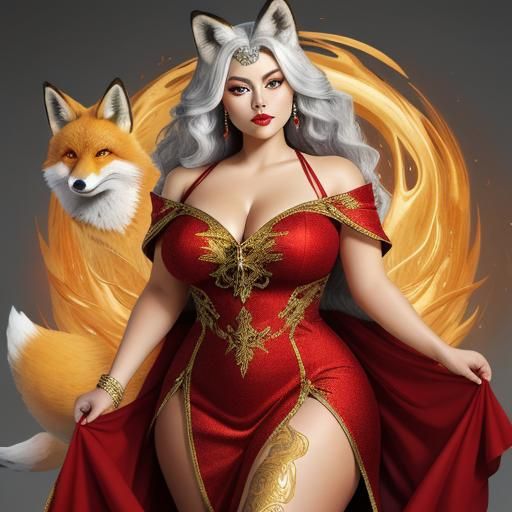 fox woman, silver, big body, curvy body, golden eyes, golden...