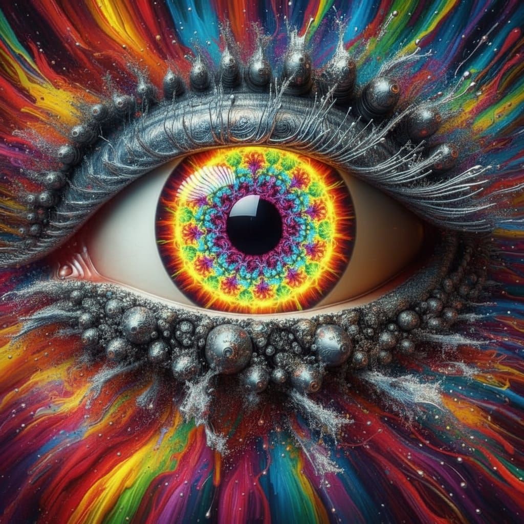 A giant eye with metallic rainbow corneas that descends into infinite eyes