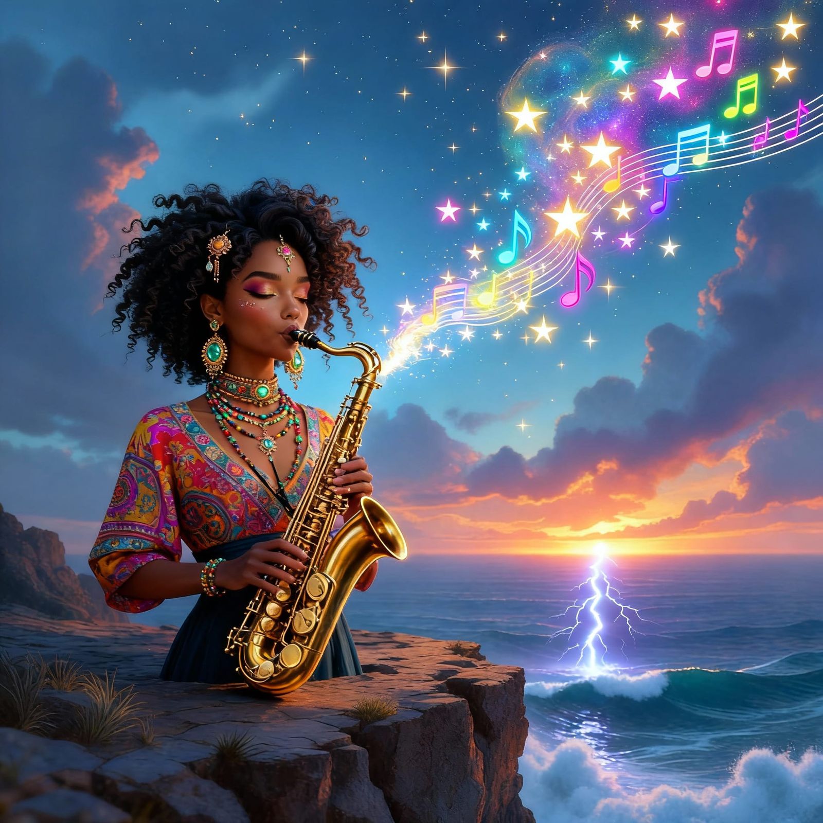 Woman Plays Saxophone with Star Notes and Ocean Lightning