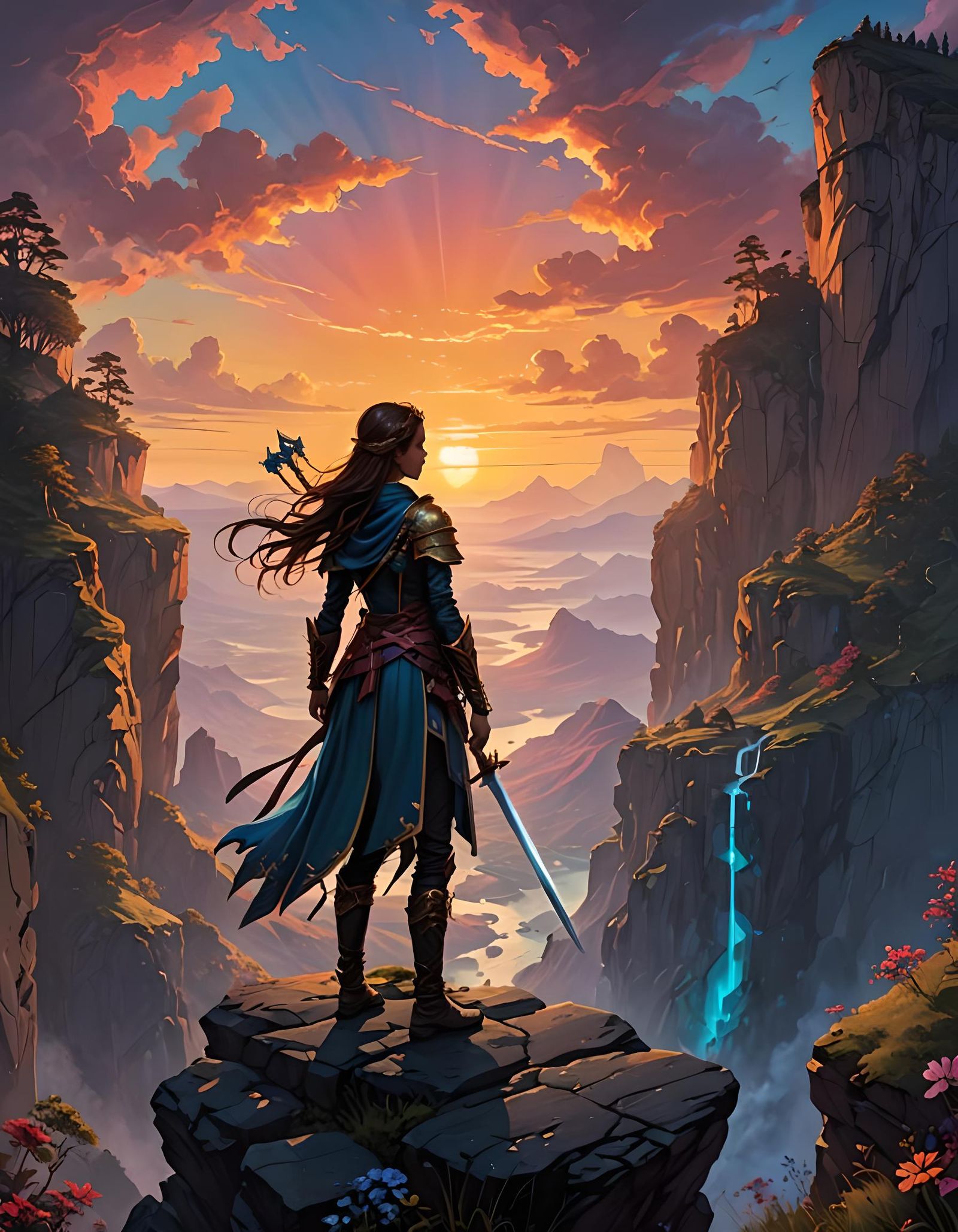 Fairy with Sword on Cliff at Sunset