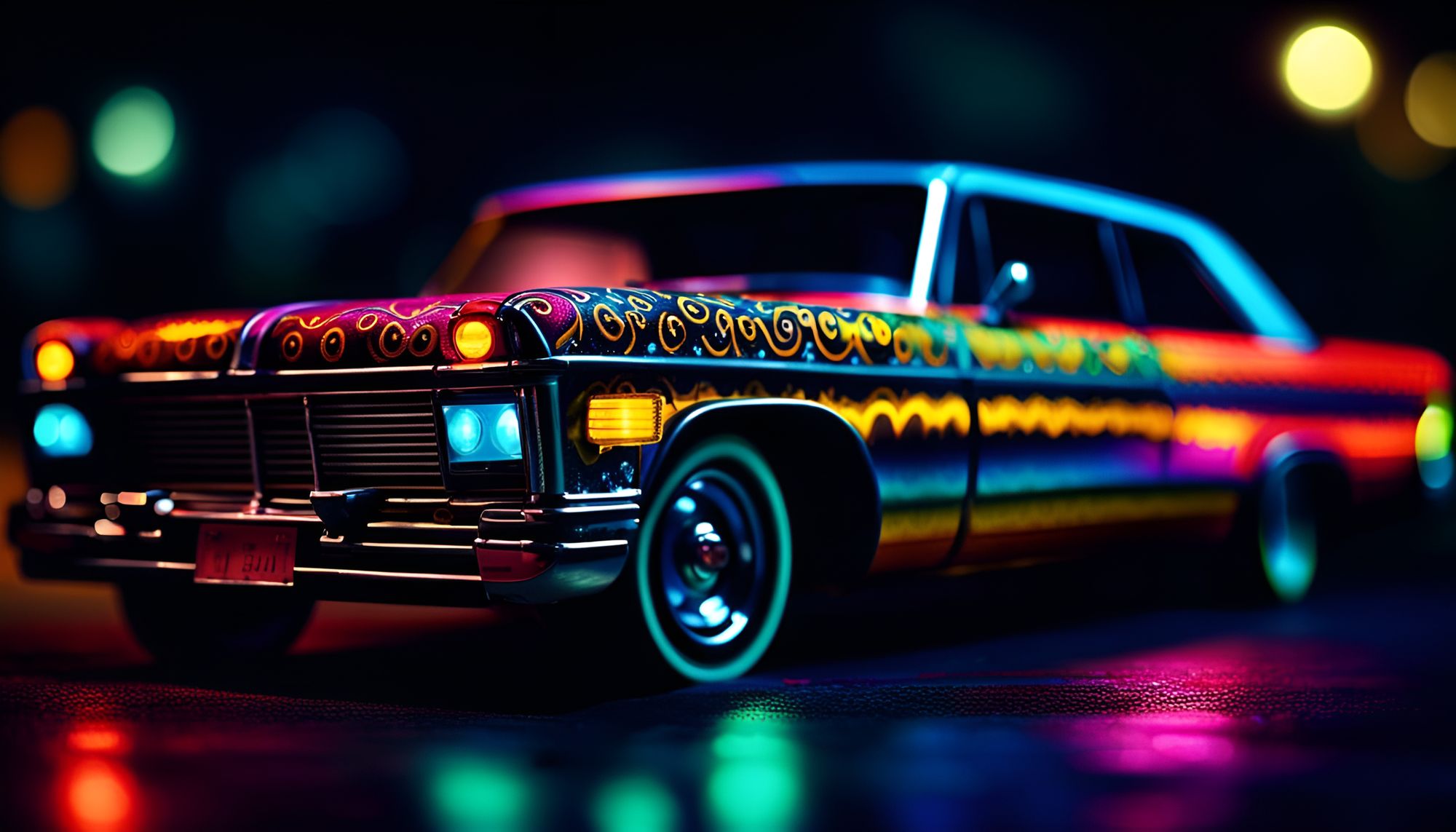 lowrider night photorealistic colourful bokeh scary - AI Generated 