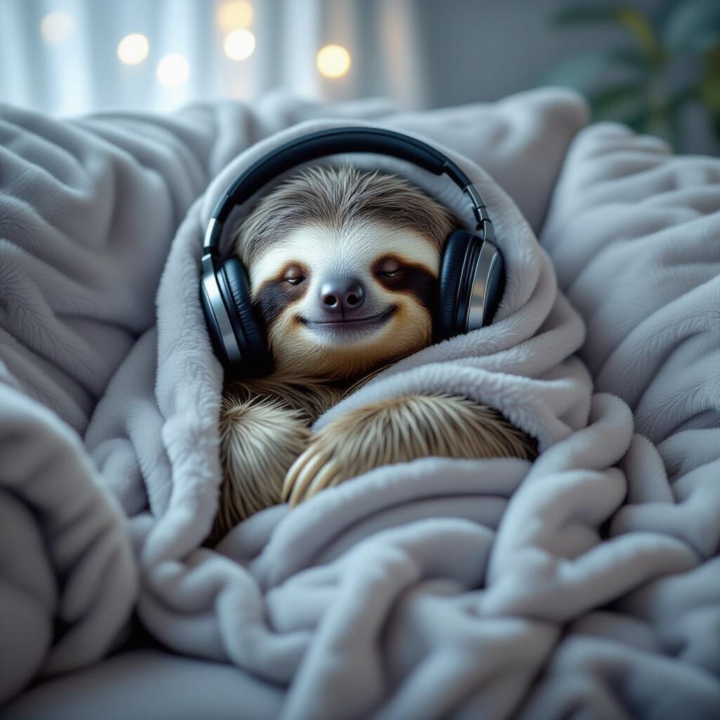 Sleeping sloth wrapped up in a wolf blanket on a grey sofa with headphones on listening to music   by @Lexi 