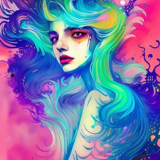 beautiful girl with big wild wavy fluid brightly glowing neon hair ...