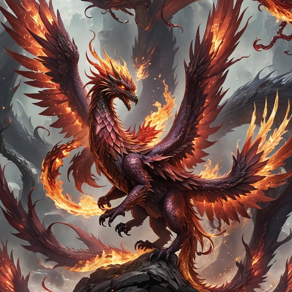 Divine Phoenix dragon of Hosts with crimson crystal flame wi...