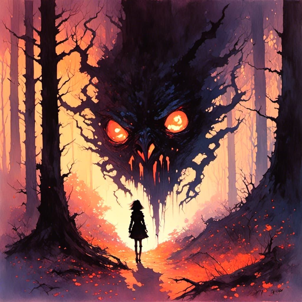 Shadow monster in Eerie forest! <lora:LapiWatercolor:1.0> 16k resolution :: maximalist
