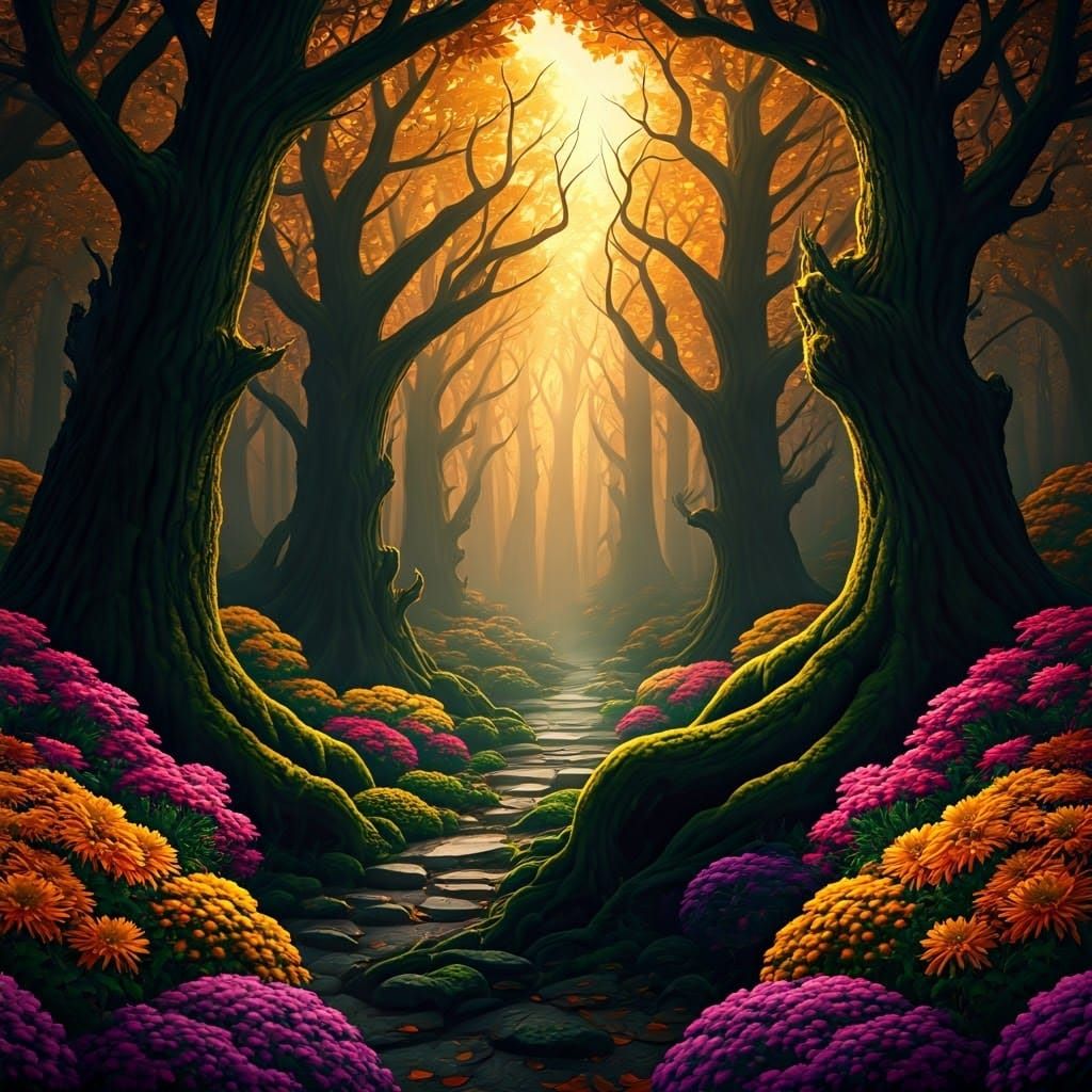 dangerous, imposing, volatile, hyperrealistic fantasy forest...