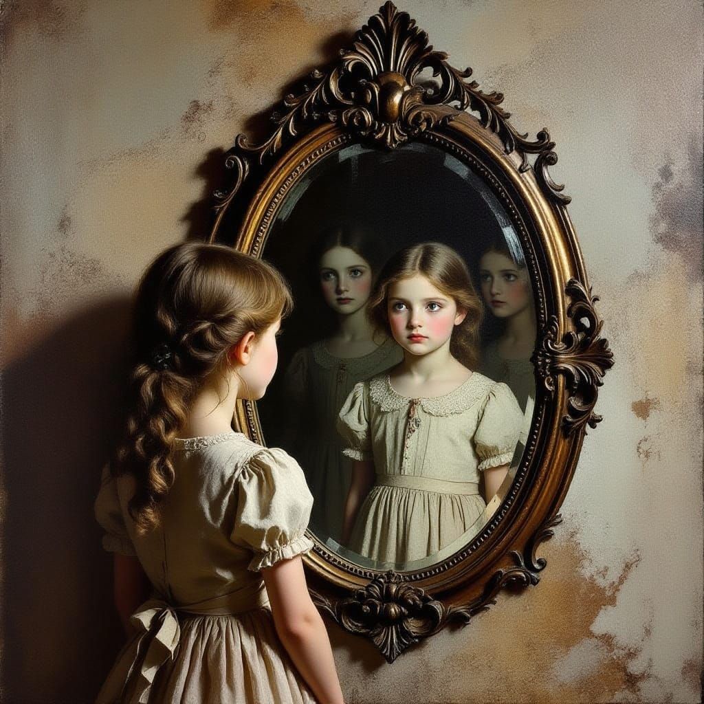 Surreal Oil Painting of Girl and Haunted Mirror