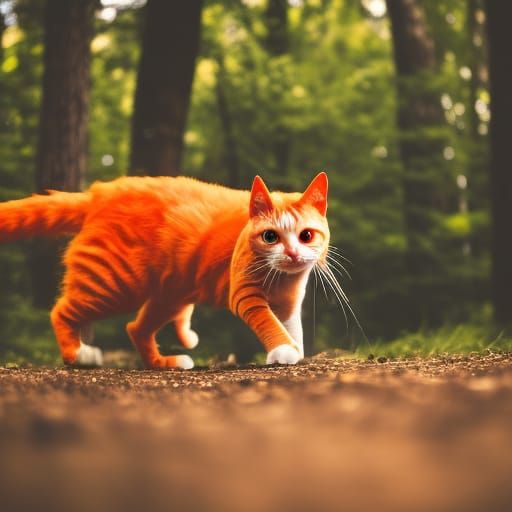 Orange cat with orange eyes walking on back two legs, smokin...