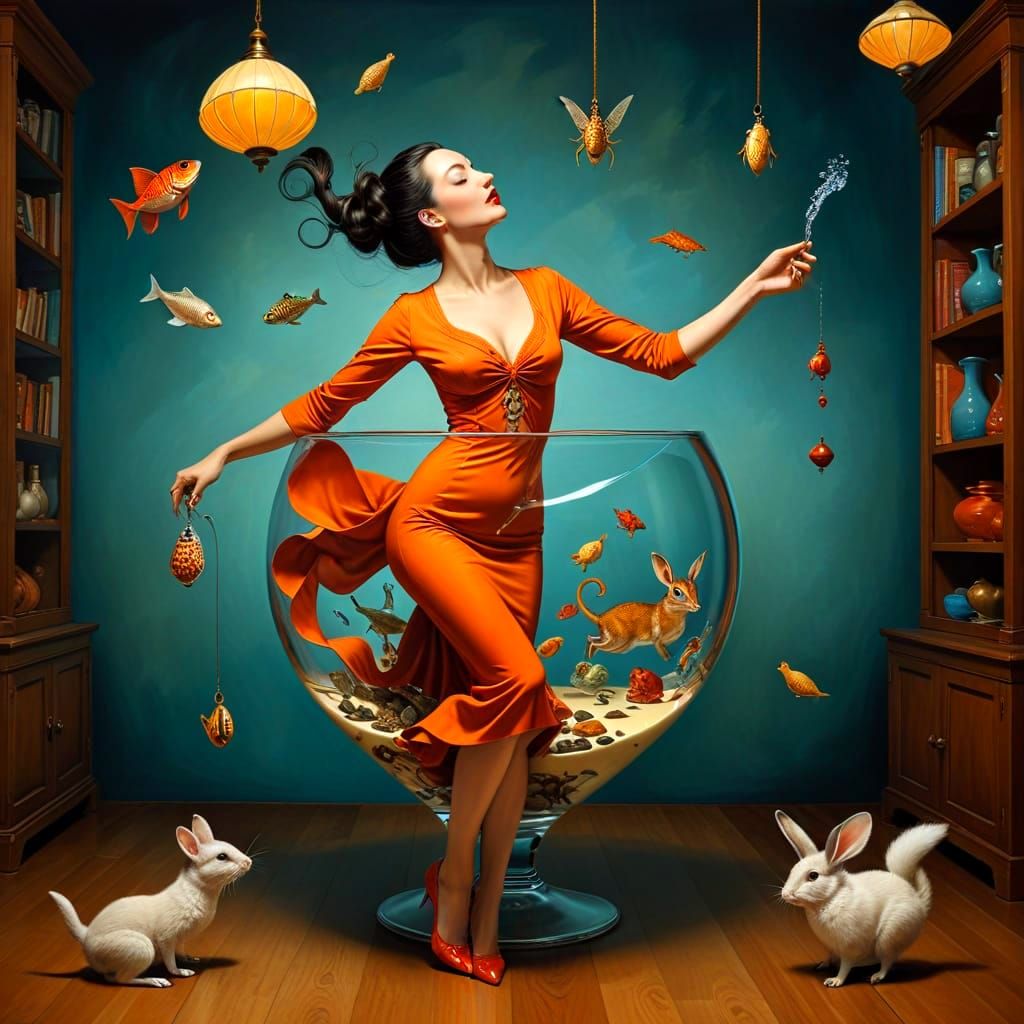 Surrealistic Lady Surrounded by Whimsical Animals in a Fanta...