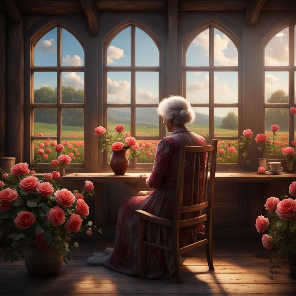 old woman with roses ❤️❤️❤️