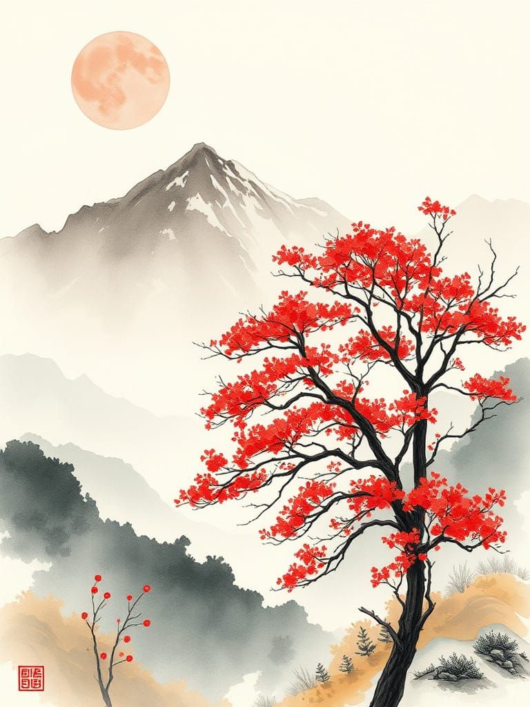 Vibrant Reds in Watercolor Landscape