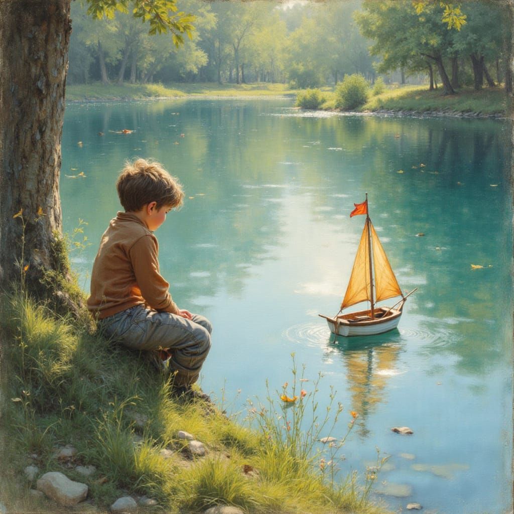 Boy Plays with Toy Sailboat by Lake in Brushed Oils Style