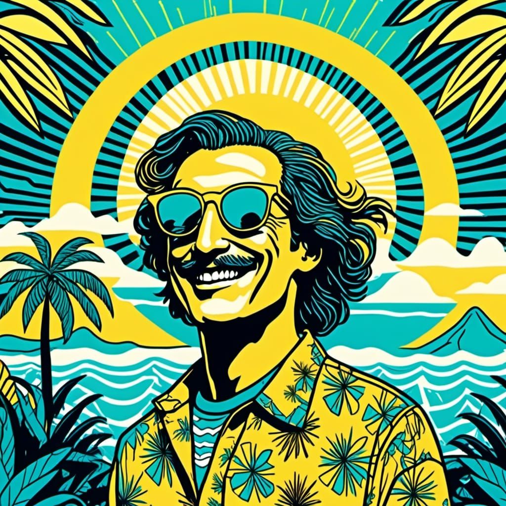 <lora:Screen Print:1.0> Naive drawing of the sun wearing sunglasses over a tropical island, screen print thick outline geometric background 